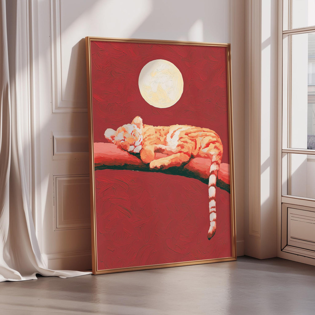 A framed painting depicting a sleeping tiger on a branch, with a large full moon in the background.