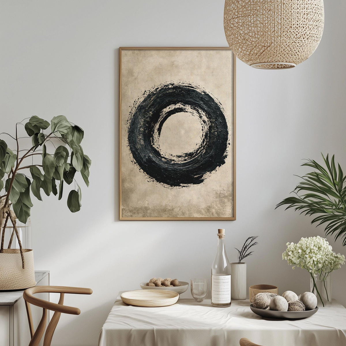 a minimalist dining room with a table set for two, a potted plant, a hanging light fixture, and a framed abstract art piece on the wall.