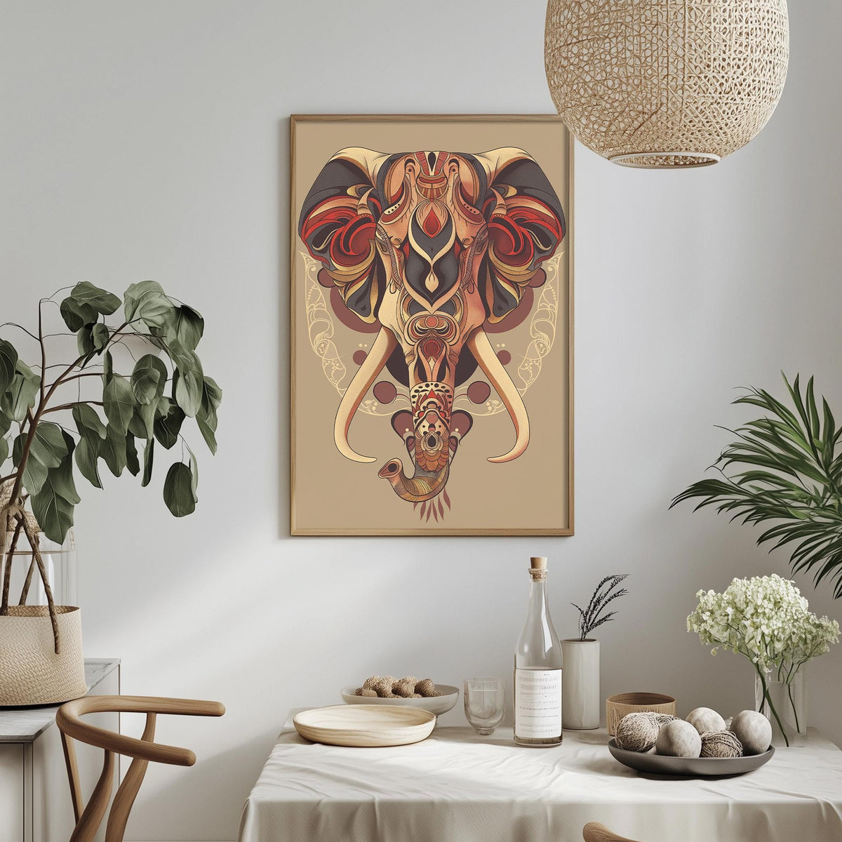 a dining table with a white tablecloth, a bowl of fruit, a bottle, and a vase with flowers. Above the table, there is a framed picture of an elephant with a colorful, intricate design.