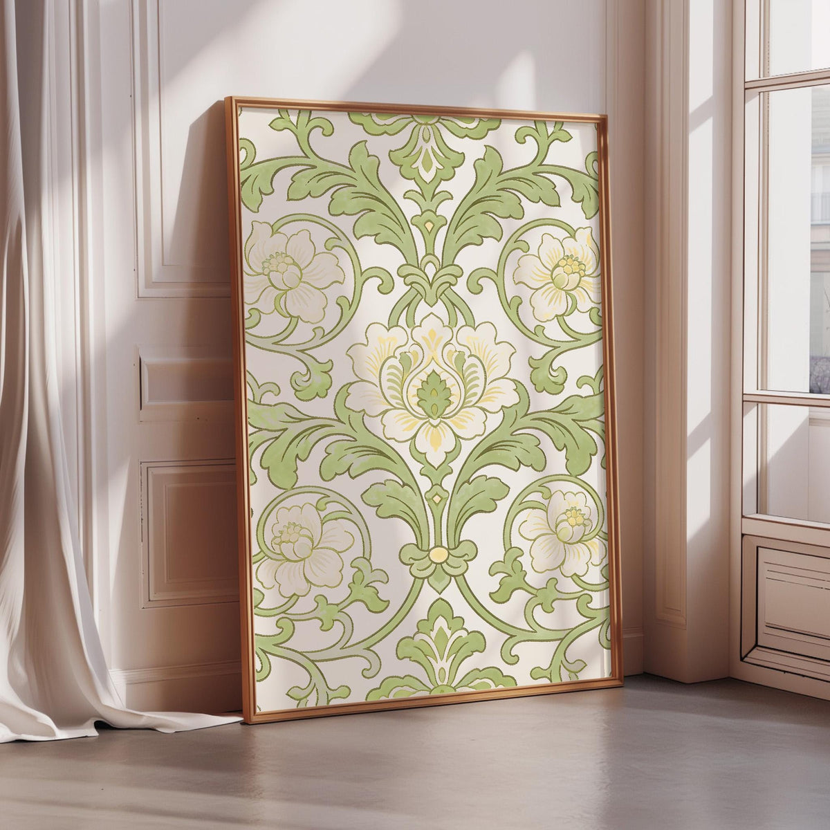 A large framed print with a floral pattern in shades of green and white is displayed on a wall in a room with a window.