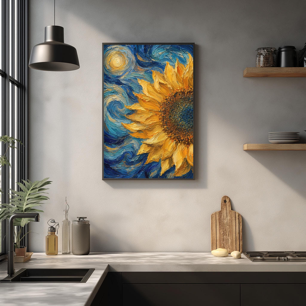 a kitchen counter with a framed painting of a sunflower above it, a wooden cutting board, and various kitchen items such as a bottle, a vase, and a bowl.