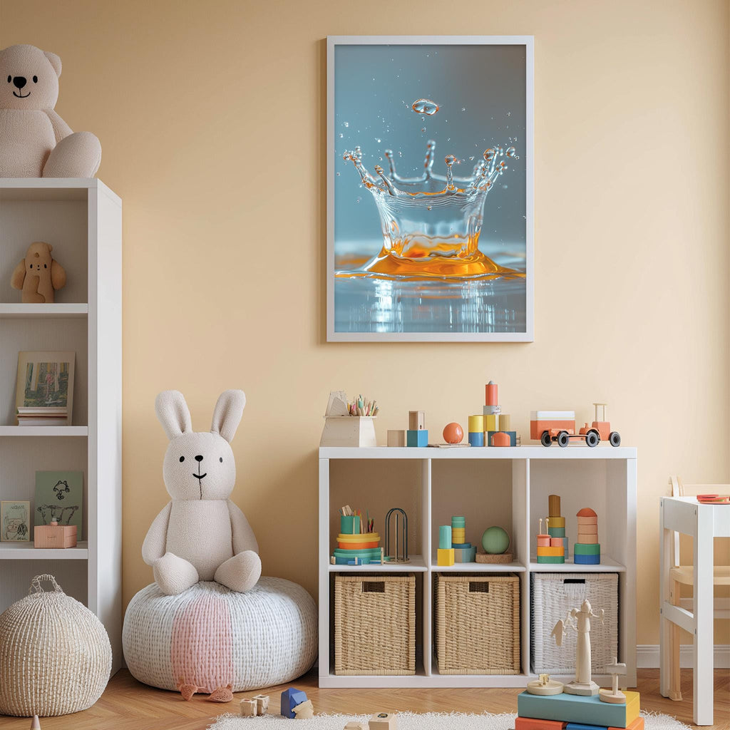A cozy children's room with a white bookshelf, a plush white rabbit, and a colorful toy box filled with toys. Above the bookshelf, there is a framed image of a splash of water, creating a playful and imaginative atmosphere.