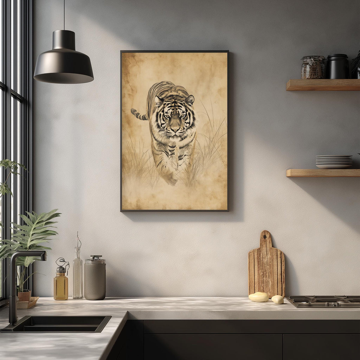 a kitchen counter with a framed print of a tiger on the wall above it. The kitchen counter also has various kitchen items such as a cutting board, a knife, and a bottle.
