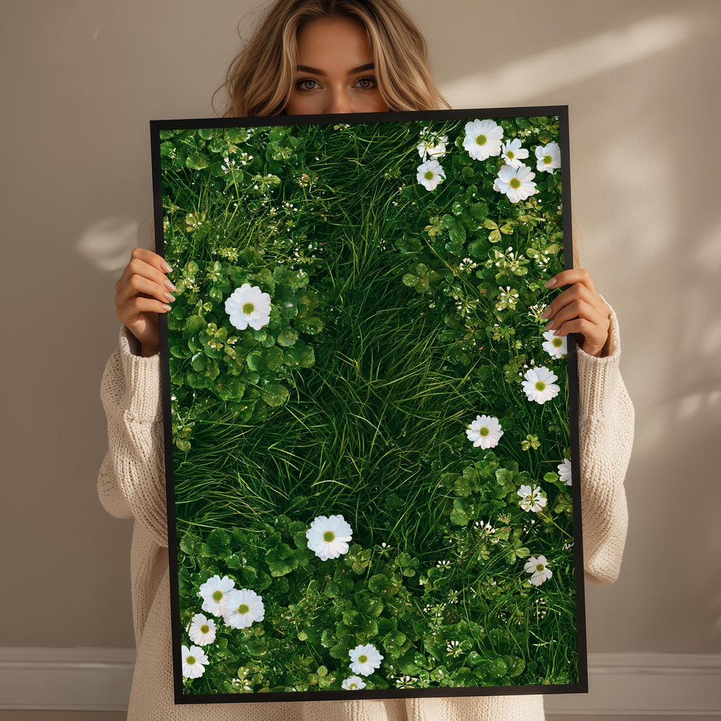 A woman holds up a framed photograph of a lush green field with white flowers.