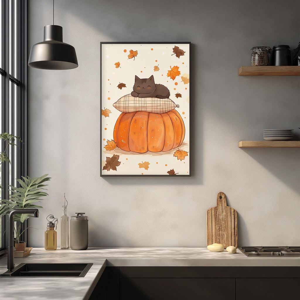 a kitchen scene with a framed illustration of a cat resting on a pumpkin, surrounded by autumn leaves. The kitchen counter has various items on it, including a cutting board, a bottle, and a bowl.