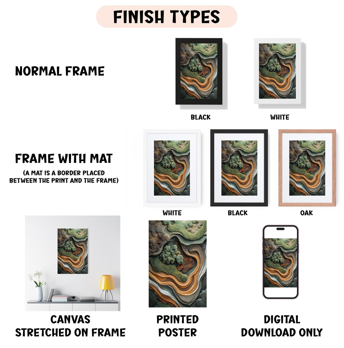 various types of artwork, including a canvas stretched on a frame, a framed poster, and a digital poster. The artwork is presented in different frame colors, such as black, white, and oak. The image also includes a description of the artwork, including the words "NORMAL FRAME", "FRAME WITH MAT (A MAT IS A BORDER PLACED BETWEEN THE PRINT AND THE FRAME)", and "DIGITAL DOWNLOAD ONLY".