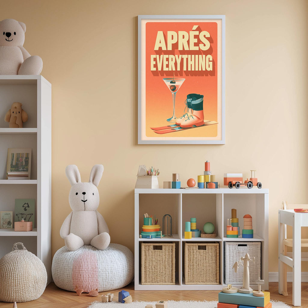 A child's bedroom with a white bookshelf, a stuffed rabbit, and a framed poster on the wall. The poster features an illustration of a martini glass and a pair of skis, along with the text "APPRES EVERYTHING".