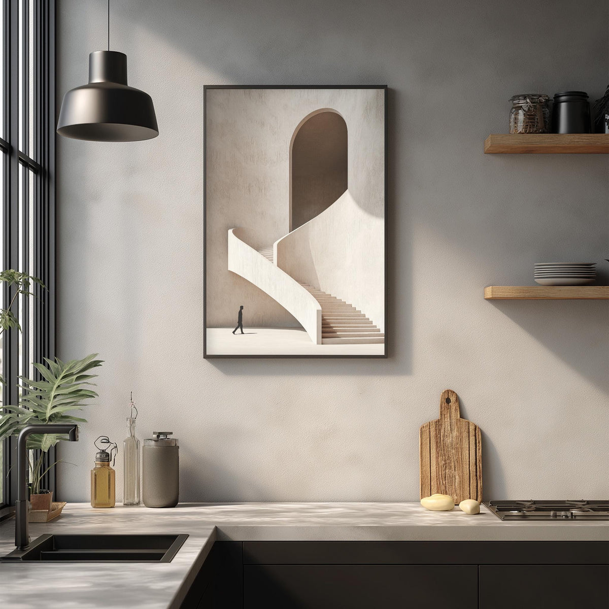a minimalist kitchen design with a large framed picture of a staircase hanging on the wall above a wooden cutting board and a sink.