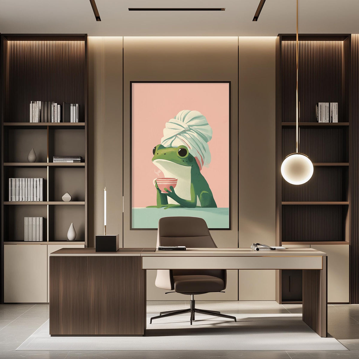 a modern office space with a large framed artwork of a frog wearing a towel on the wall. The office has a wooden desk, a chair, and a bookshelf filled with books. The overall design and decor create a stylish and comfortable workspace.