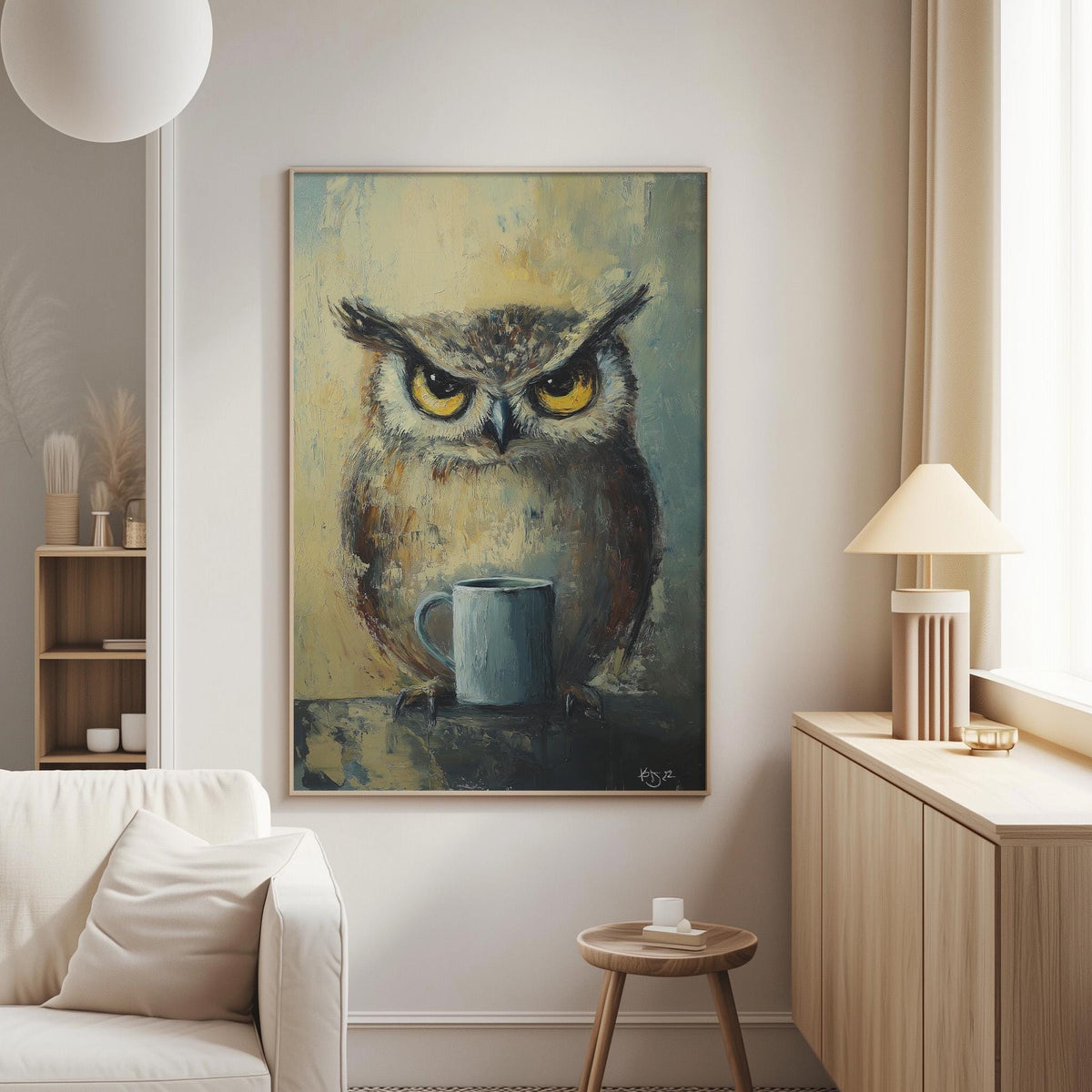 a large painting of an owl with a cup of coffee on a table in the foreground, hanging on a wall in a living room setting.