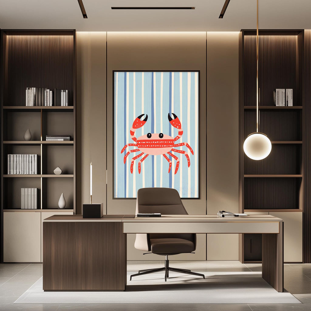 a modern office space with a large framed picture of a crab on the wall. The office has a wooden desk, a chair, and a bookshelf filled with books. The overall design and decor create a professional and stylish atmosphere.