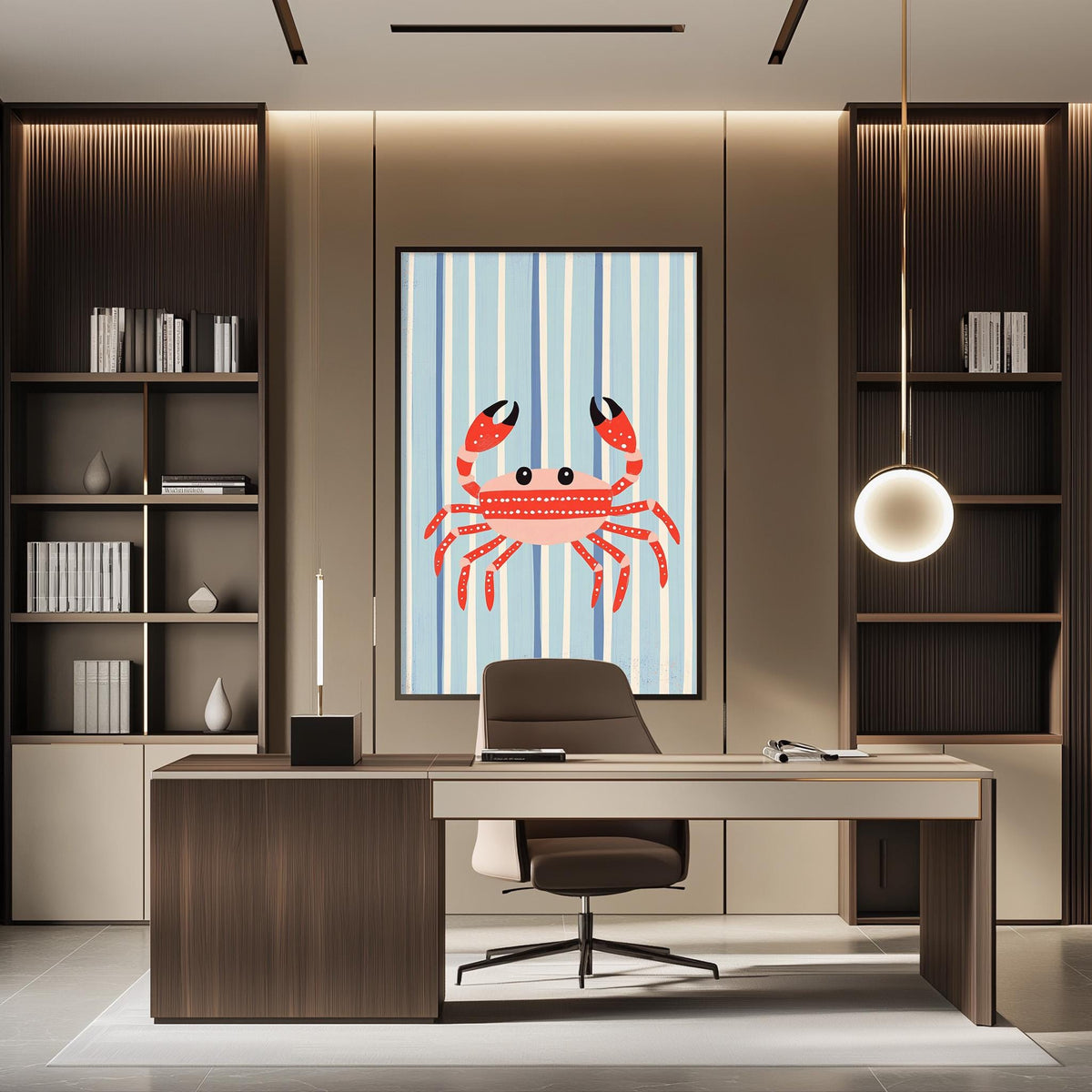 a modern office space with a large framed picture of a crab on the wall. The office has a wooden desk, a chair, and a bookshelf filled with books. The overall design and decor create a professional and stylish atmosphere.