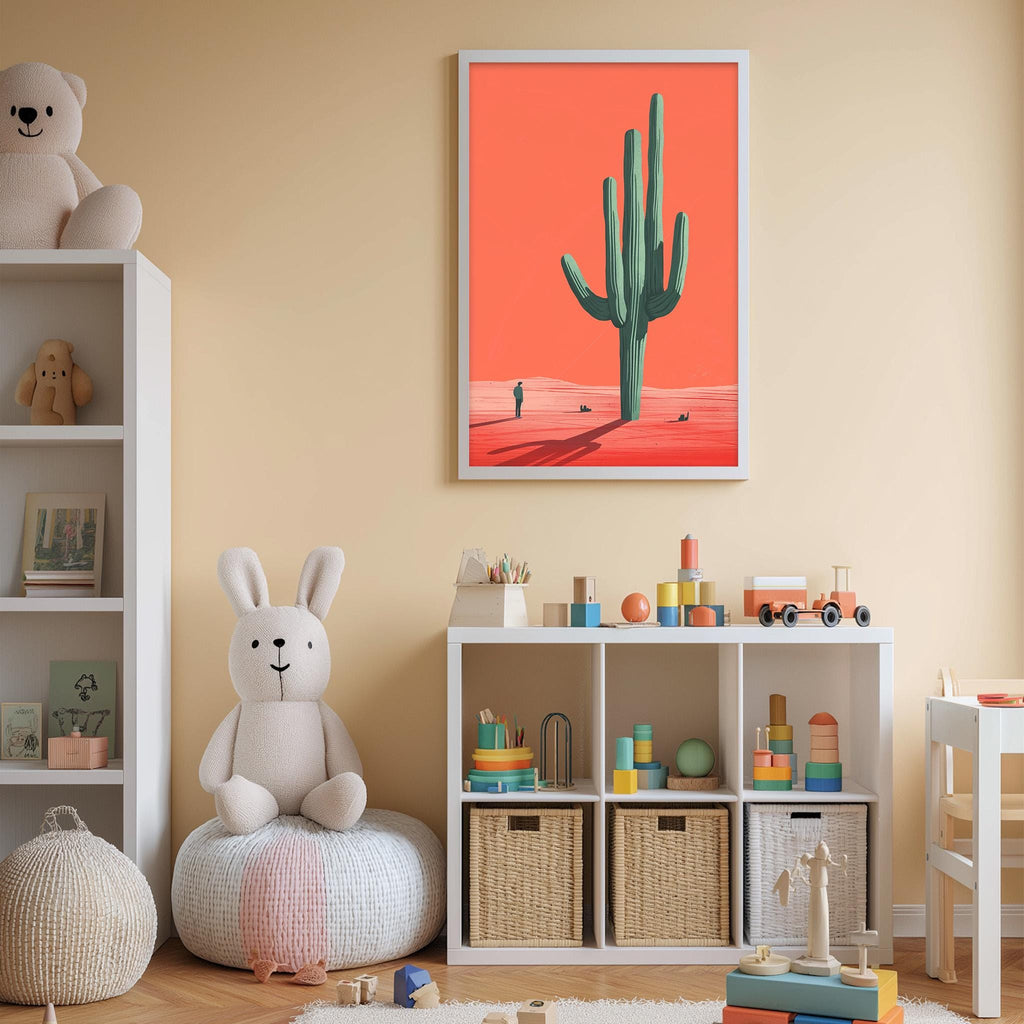 A child's bedroom with a large stuffed rabbit, a toy train, and a framed picture of a cactus on the wall.