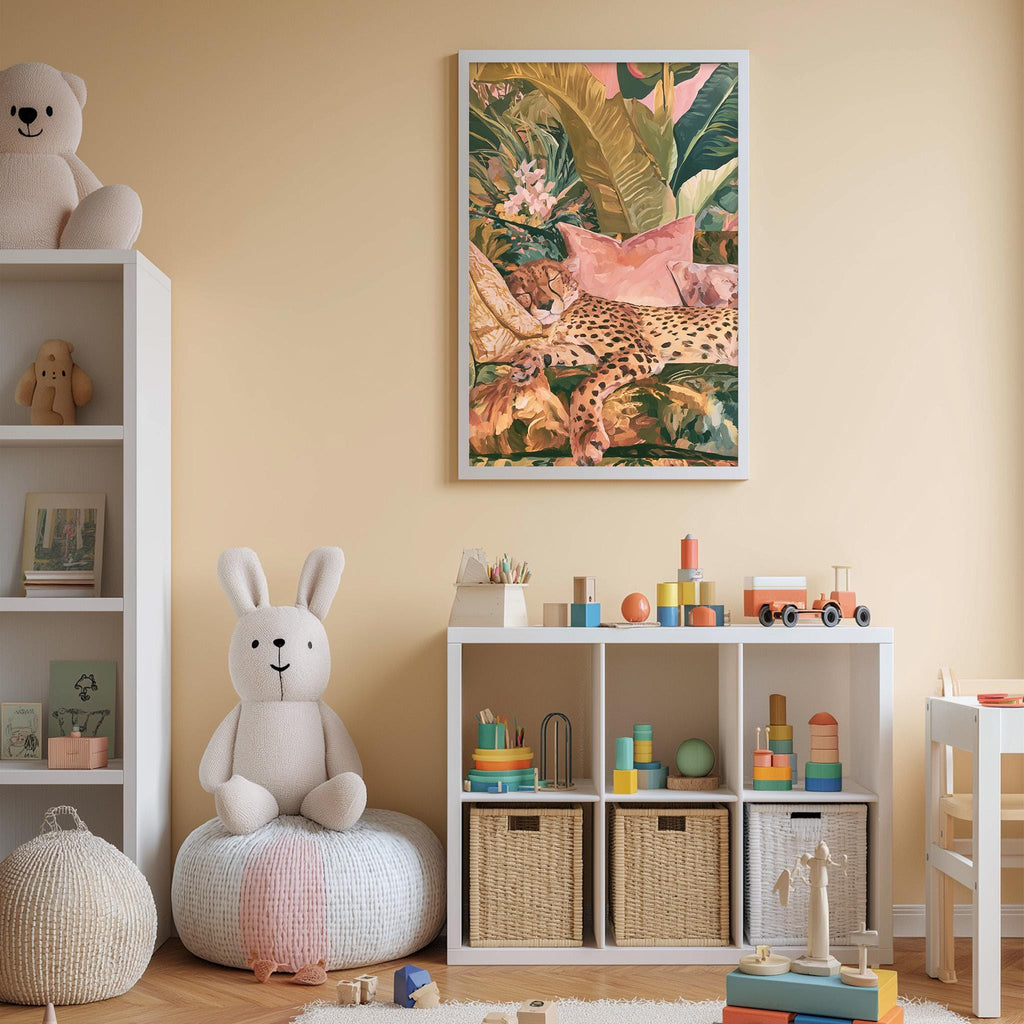 A child's bedroom with a large stuffed rabbit, a bookshelf, and a colorful painting of a leopard on the wall.