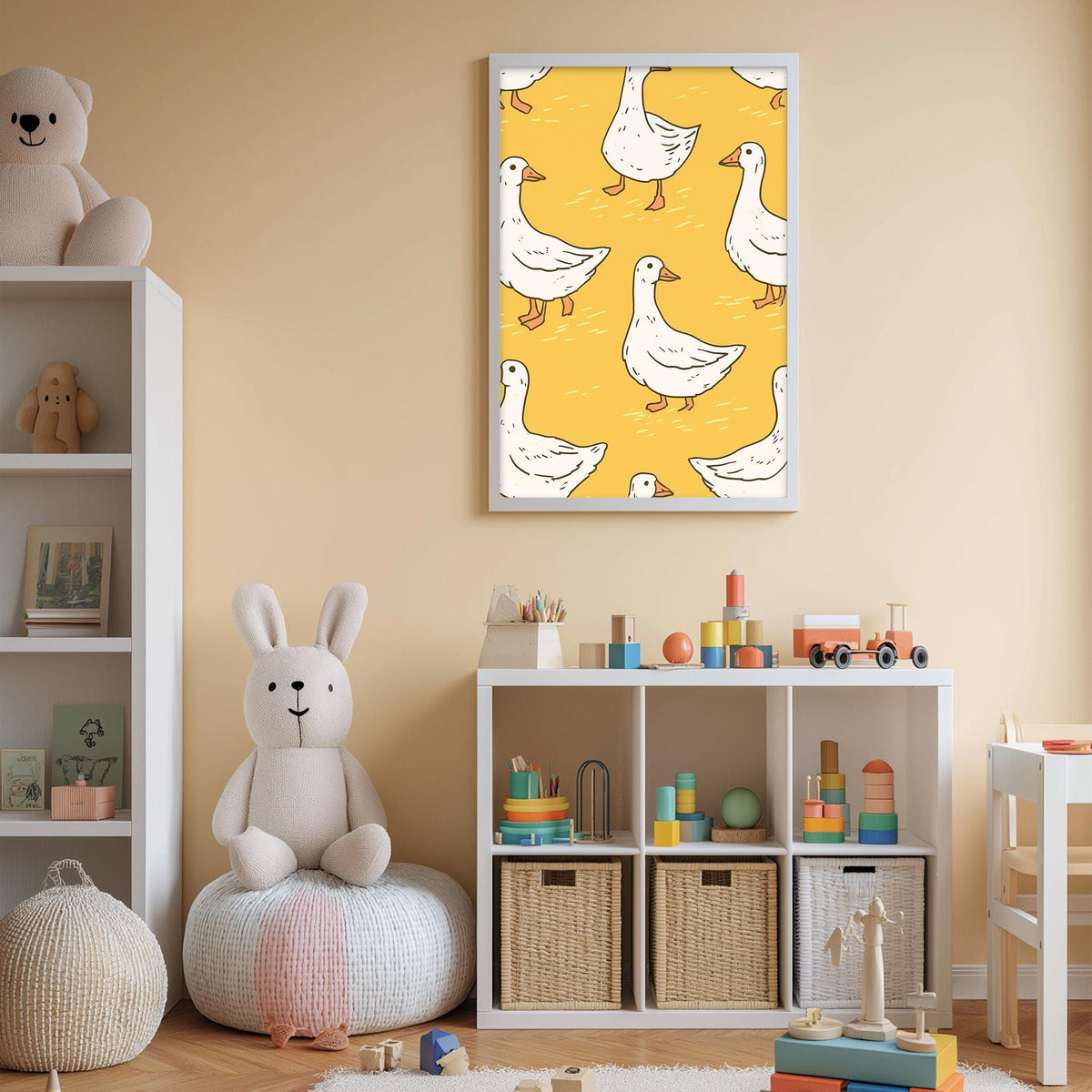 A child's bedroom with a white bookshelf, a stuffed rabbit, a colorful toy set, and a framed print of ducks on the wall.