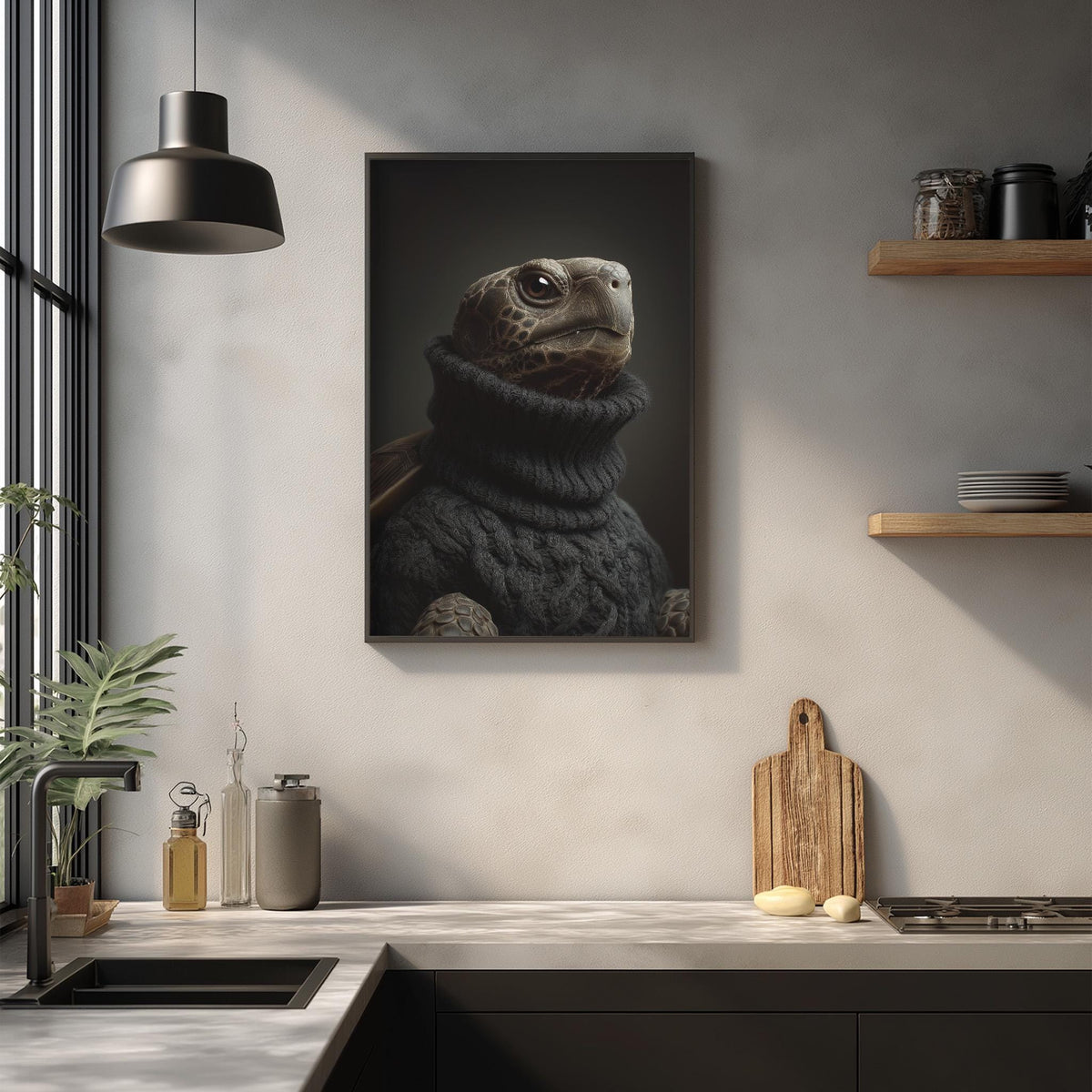 a kitchen counter with a framed picture of a turtle wearing a sweater, a wooden cutting board, and various kitchen items such as a bottle, a vase, and a bowl.