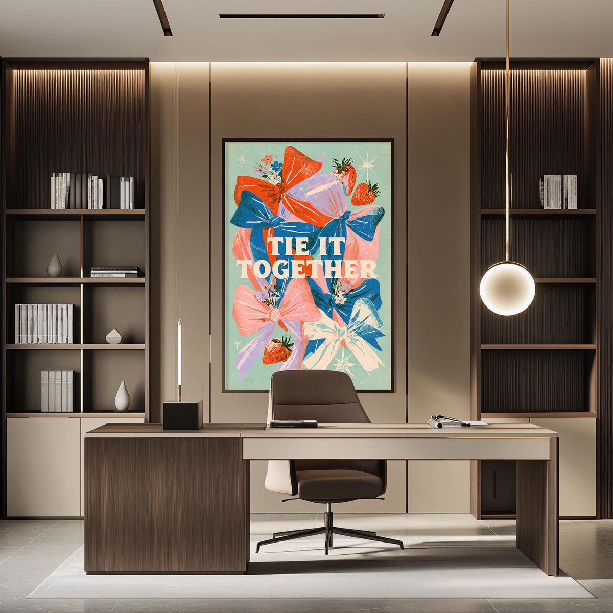 a modern office space with a large framed poster featuring a colorful floral design on the wall. The poster has the text "tie it together" written on it. The office has a wooden desk, a chair, and a bookshelf filled with books. The overall design and decor create a professional and stylish atmosphere.
