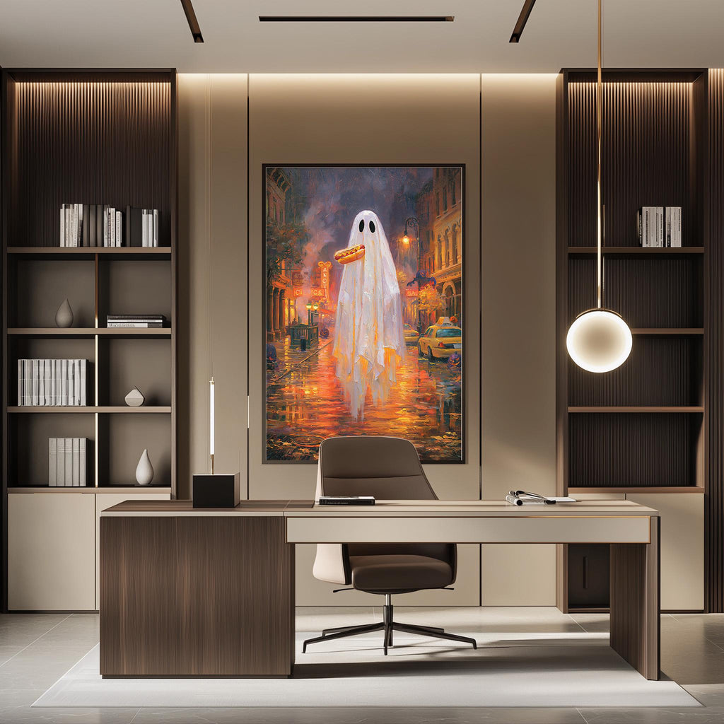 a modern office space with a large framed painting of a ghost in the background, a desk with a chair, and a bookshelf on the left side.