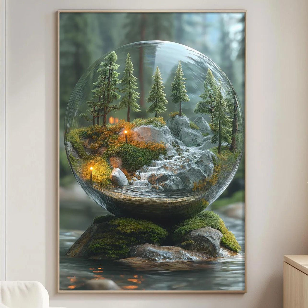 a large glass sphere containing a miniature forest scene, with trees, rocks, and a waterfall.