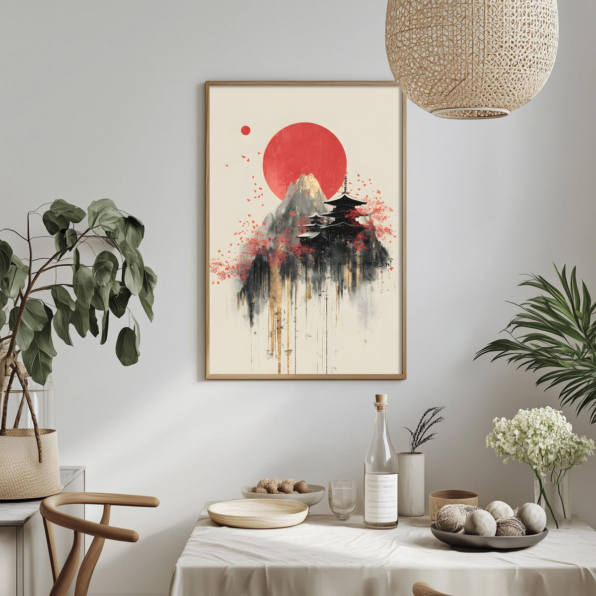 a dining table with a white tablecloth, a bowl of fruit, a bottle, and a vase with flowers. Above the table, there is a framed picture of a mountain with a red sun and black buildings.