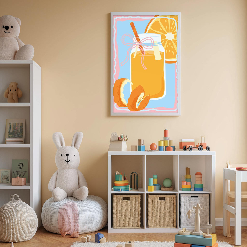 A cozy children's bedroom with a white bookshelf, a plush rabbit, and a colorful toy box filled with toys. A framed illustration of a glass of orange juice is displayed on the wall above the bookshelf.