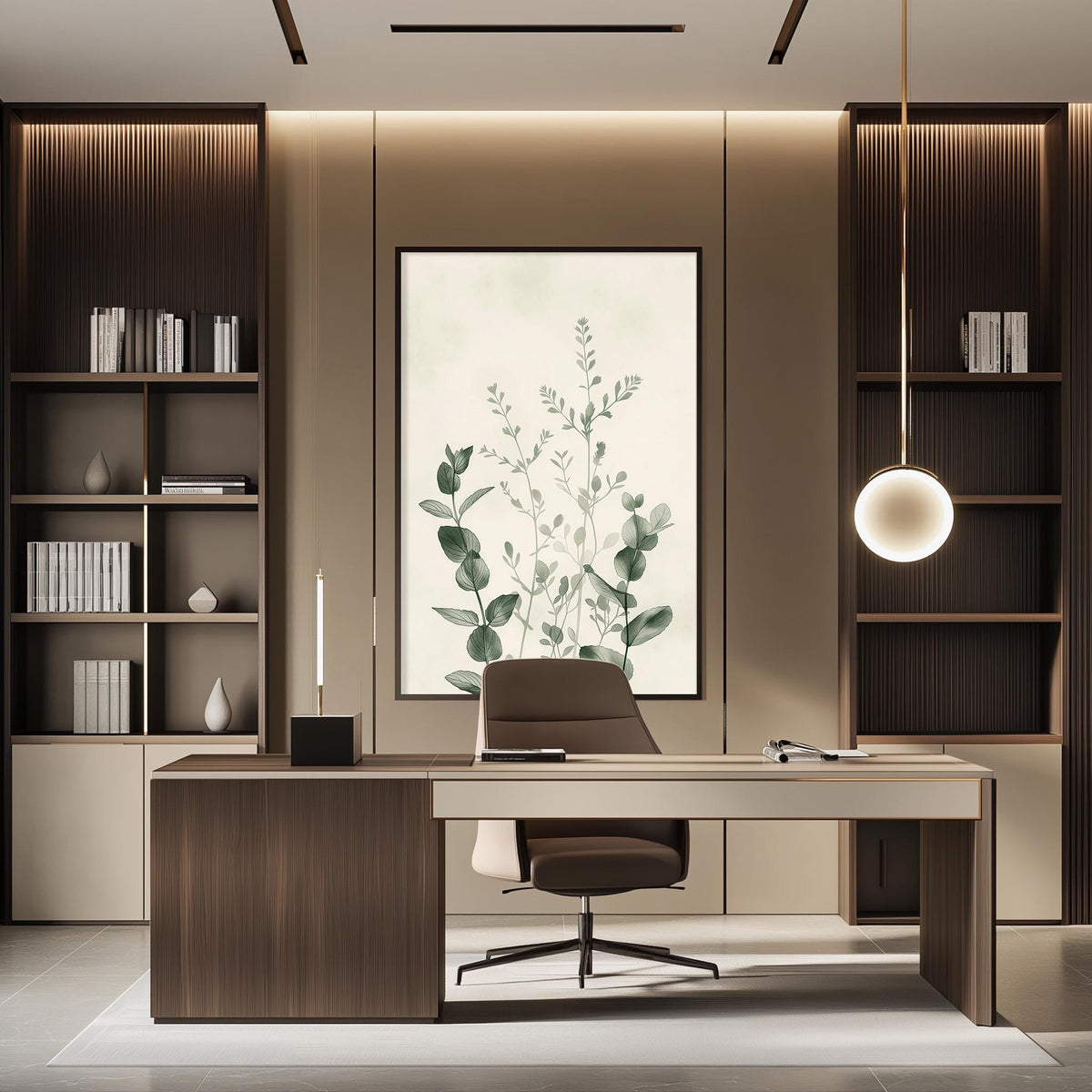 a modern and minimalist office space with a large window, wooden furniture, and a framed plant artwork on the wall.