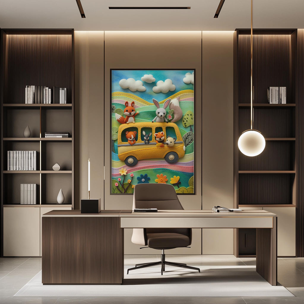 a modern office space with a large, colorful painting of a school bus with cartoon animals on the wall. The office has a desk, chair, and bookshelves, creating a professional and creative atmosphere.