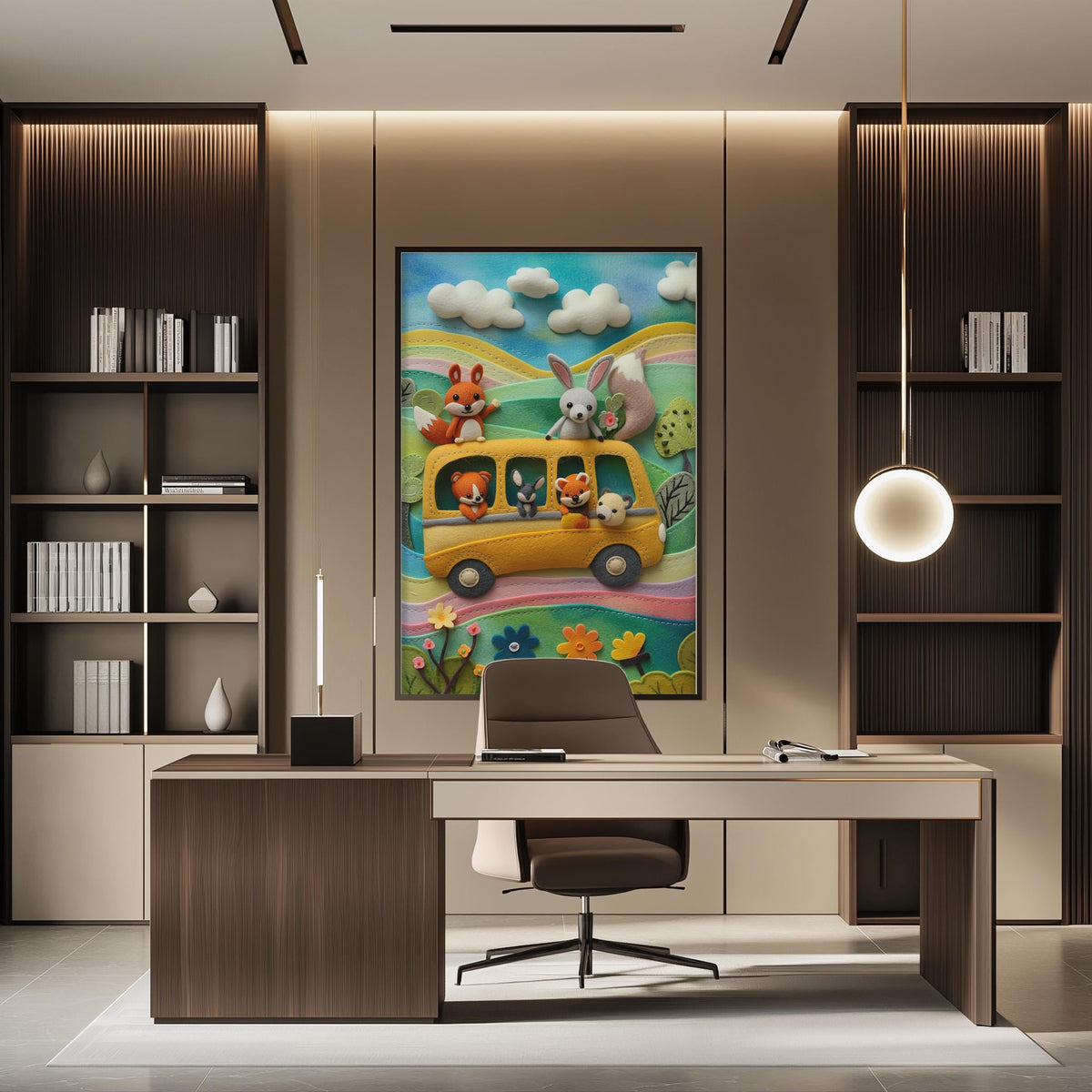 a modern office space with a large, colorful painting of a school bus with cartoon animals on the wall. The office has a desk, chair, and bookshelves, creating a professional and creative atmosphere.