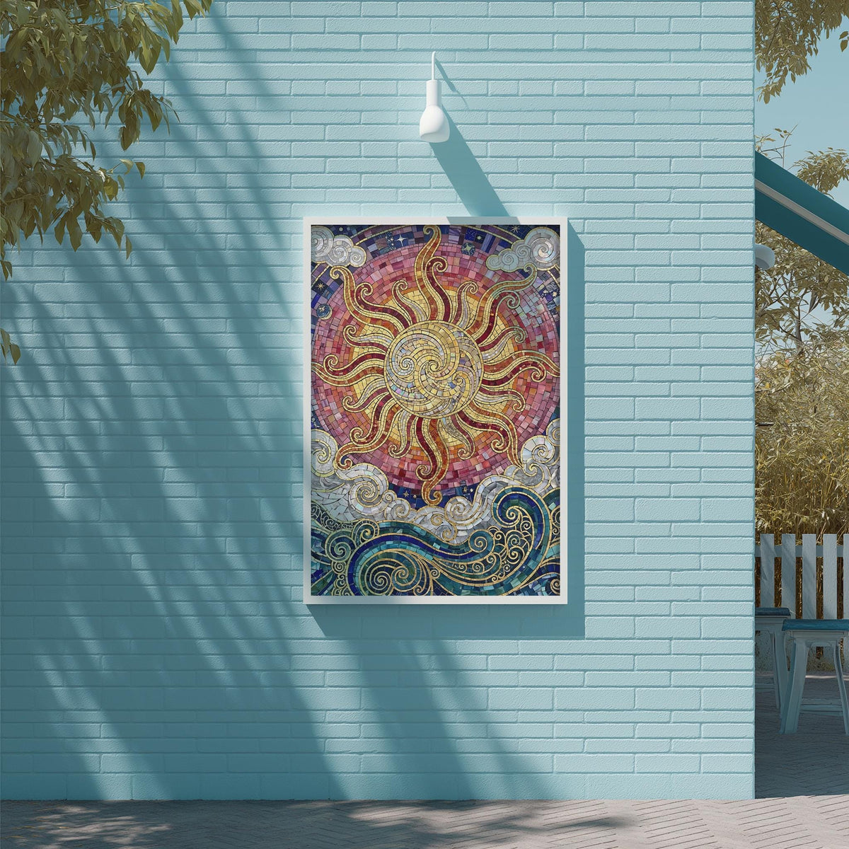 a vibrant, colorful mosaic artwork displayed on a light blue wall.