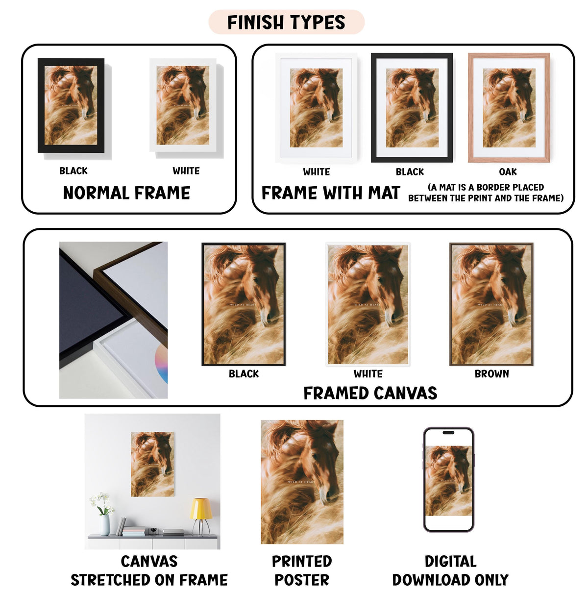 various finish types for framed artwork, including black, white, black and white, black and white with a mat, white, black, white, black, white, brown, framed canvas, stretched canvas, printed poster, and digital download only.