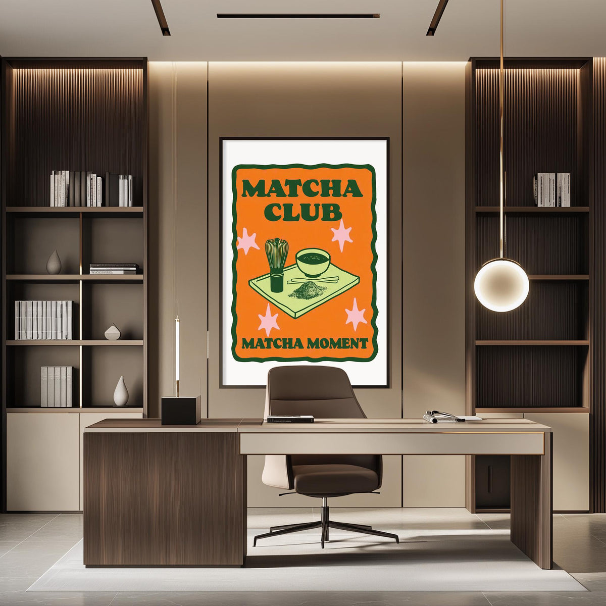 a modern office space with a large framed poster on the wall that reads "MATCHA CLUB MATCHA MOMENT". The office has a wooden desk, a chair, and a bookshelf filled with books and various items.