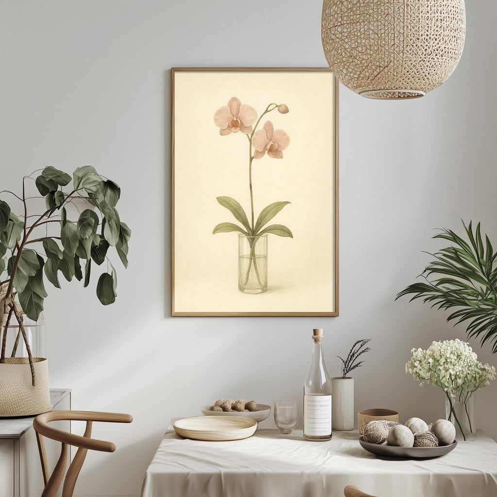 a dining table with a vase of flowers, a bottle, and a bowl of fruit, along with a framed picture of a pink orchid on the wall.