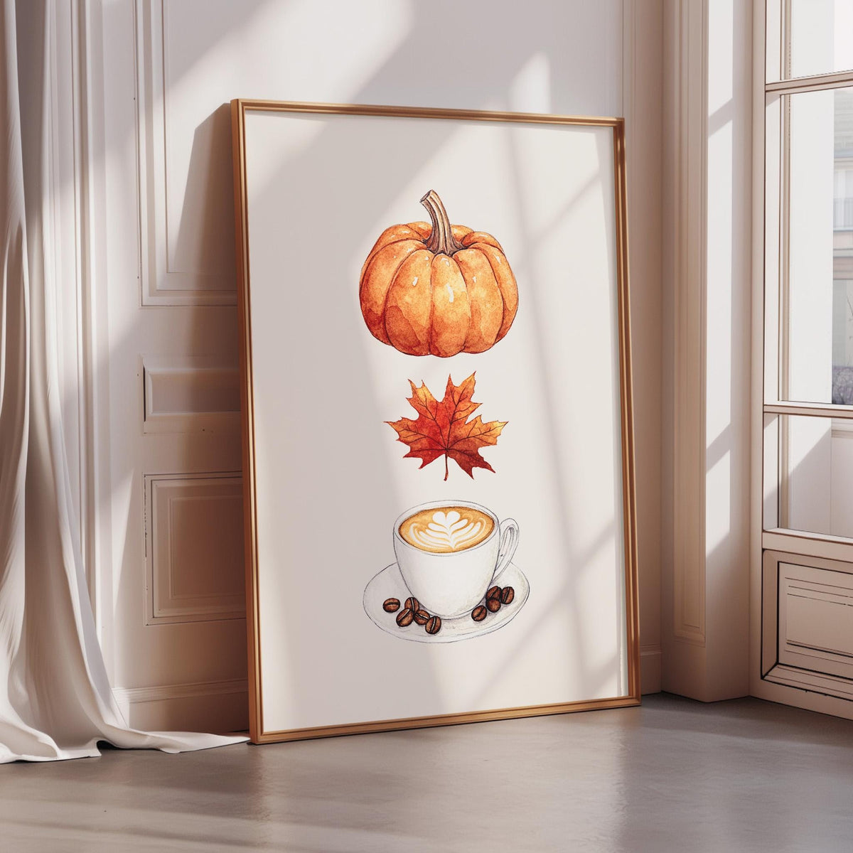 A framed illustration depicting a pumpkin, a cup of coffee, and a maple leaf, all set against a white background.