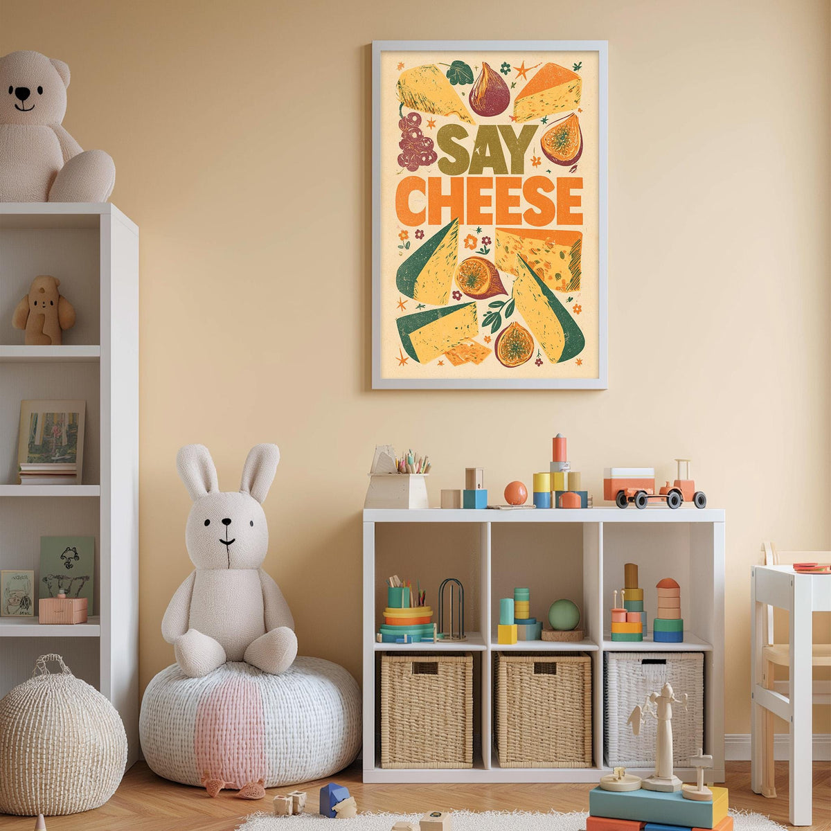 A child's bedroom with a white bookshelf, a stuffed rabbit, and a colorful poster on the wall that says "Say Cheese".