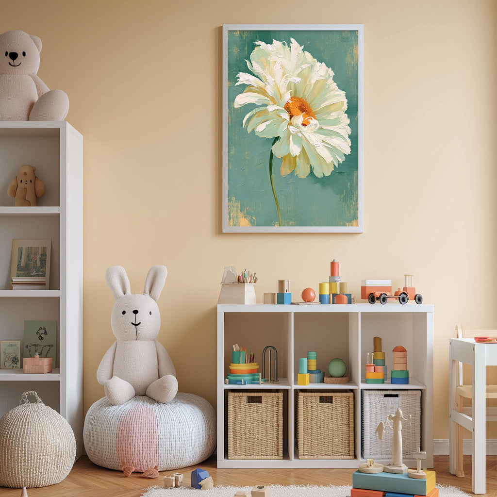 A cozy and colorful children's bedroom with a large white flower painting on the wall, a white bookshelf filled with toys, and a plush rabbit sitting on a bean bag chair.