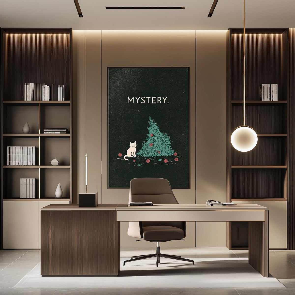 a modern and stylish office space with a large framed poster featuring a cat and a Christmas tree on the wall. The office has a wooden desk, a comfortable chair, and a bookshelf filled with books. The overall design and decor create a warm and inviting atmosphere.
