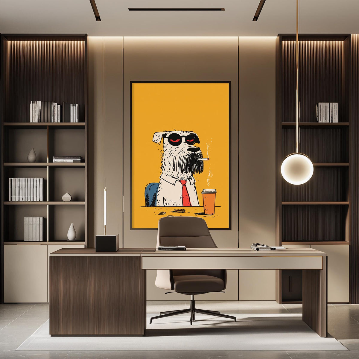 a modern office space with a large, colorful painting of a dog wearing a tie and sunglasses as the focal point. The dog is sitting at a desk with a computer monitor, and there are bookshelves and a lamp in the background.