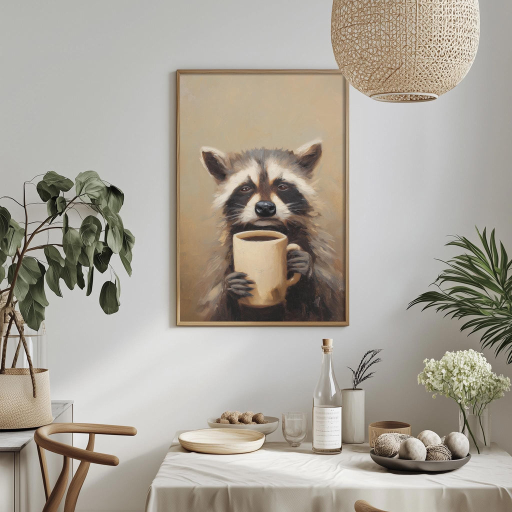 a raccoon holding a coffee mug, which is hanging on a wall above a table with various items on it.