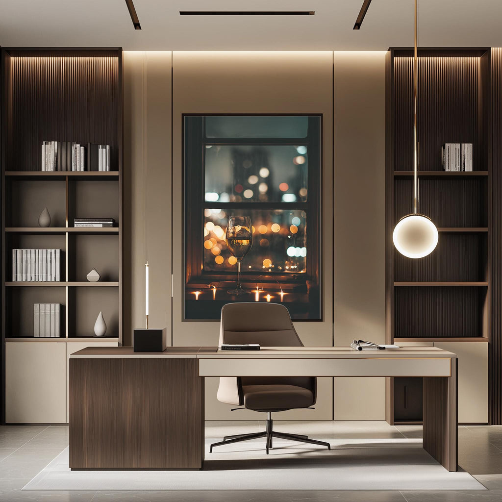 a modern and stylish home office with a large window that offers a view of a city skyline at night. The office features a wooden desk, a comfortable chair, and a large abstract painting on the wall. The room is well-lit, with a pendant light hanging above the desk and a chandelier providing additional illumination. The overall design and decor create a sophisticated and inviting atmosphere.