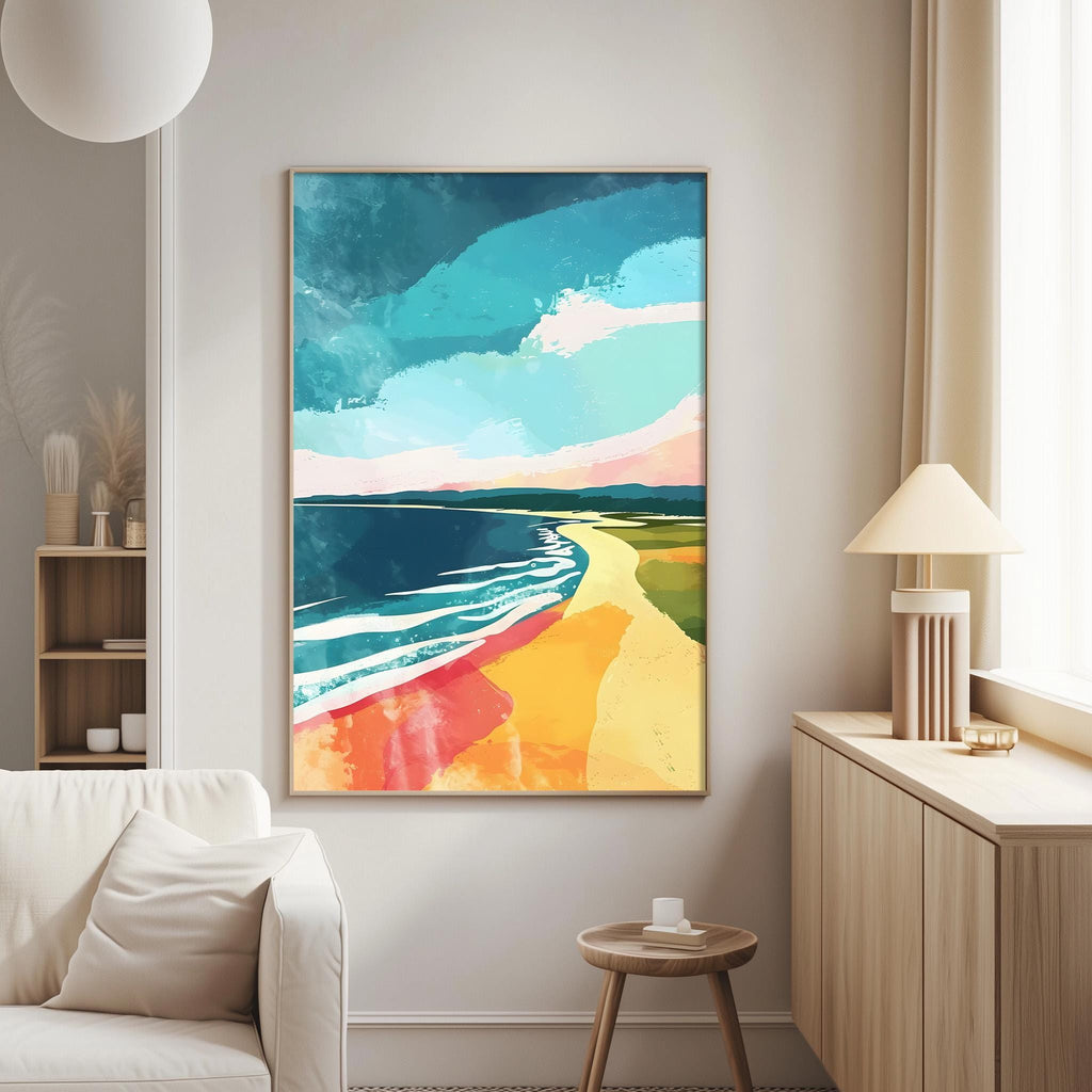 a large, colorful painting of a beach scene hanging on a wall in a living room.