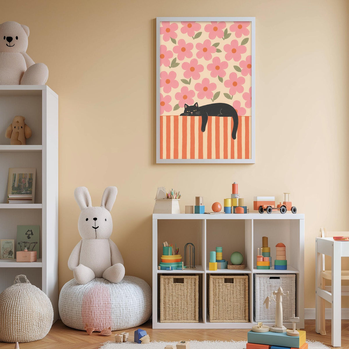 A cozy and colorful children's bedroom with a bookshelf, a stuffed rabbit, a toy train, and a framed picture of a cat on the wall.