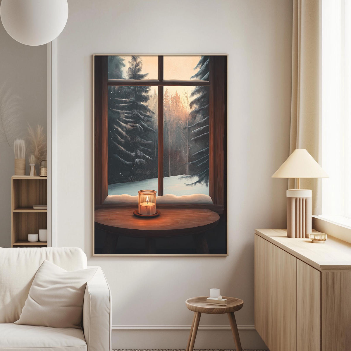 a cozy living room with a large window that offers a view of a snowy forest. The window is framed by a wooden border and has a candle on the windowsill, creating a warm and inviting atmosphere. The room is furnished with a white sofa, a wooden side table, and a lamp, contributing to the overall aesthetic and comfort of the space.