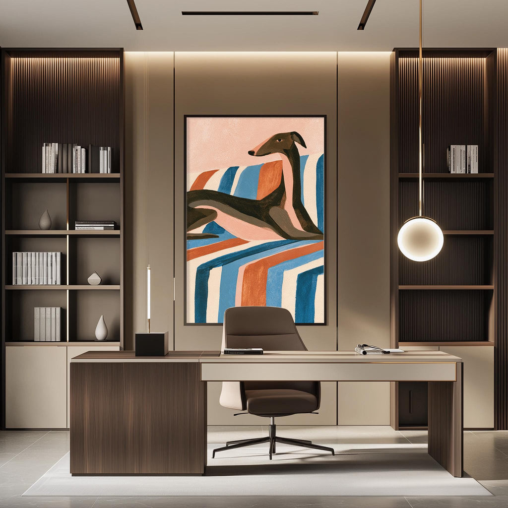 a modern and stylish office space with a large abstract painting of a dog on the wall, a wooden desk with a chair, and built-in bookshelves.