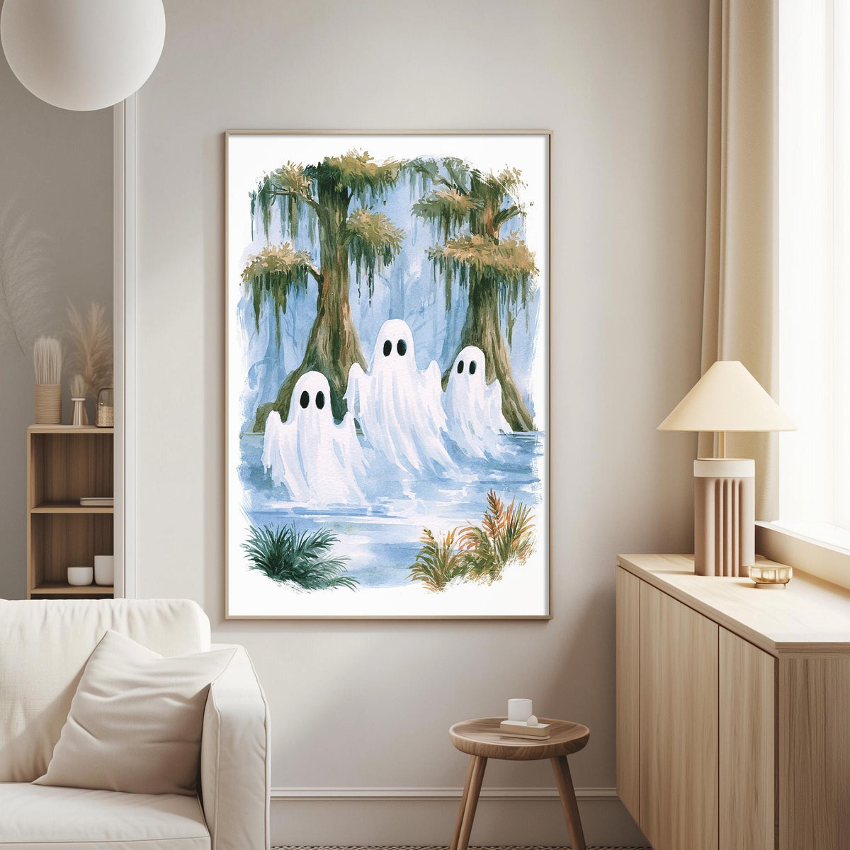 a living room with a large framed painting of three ghostly figures floating in a body of water, surrounded by greenery.