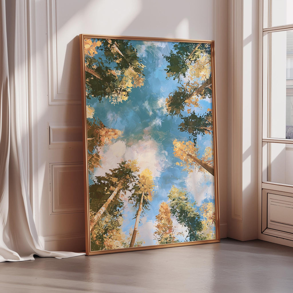 a large framed painting depicting a serene landscape with a sky filled with clouds and trees, creating a peaceful and natural atmosphere.