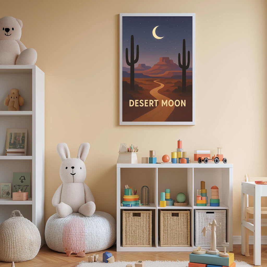 A child's bedroom with a white bookshelf, a stuffed rabbit, a toy train, and a framed poster of a desert landscape with a cactus and a crescent moon.