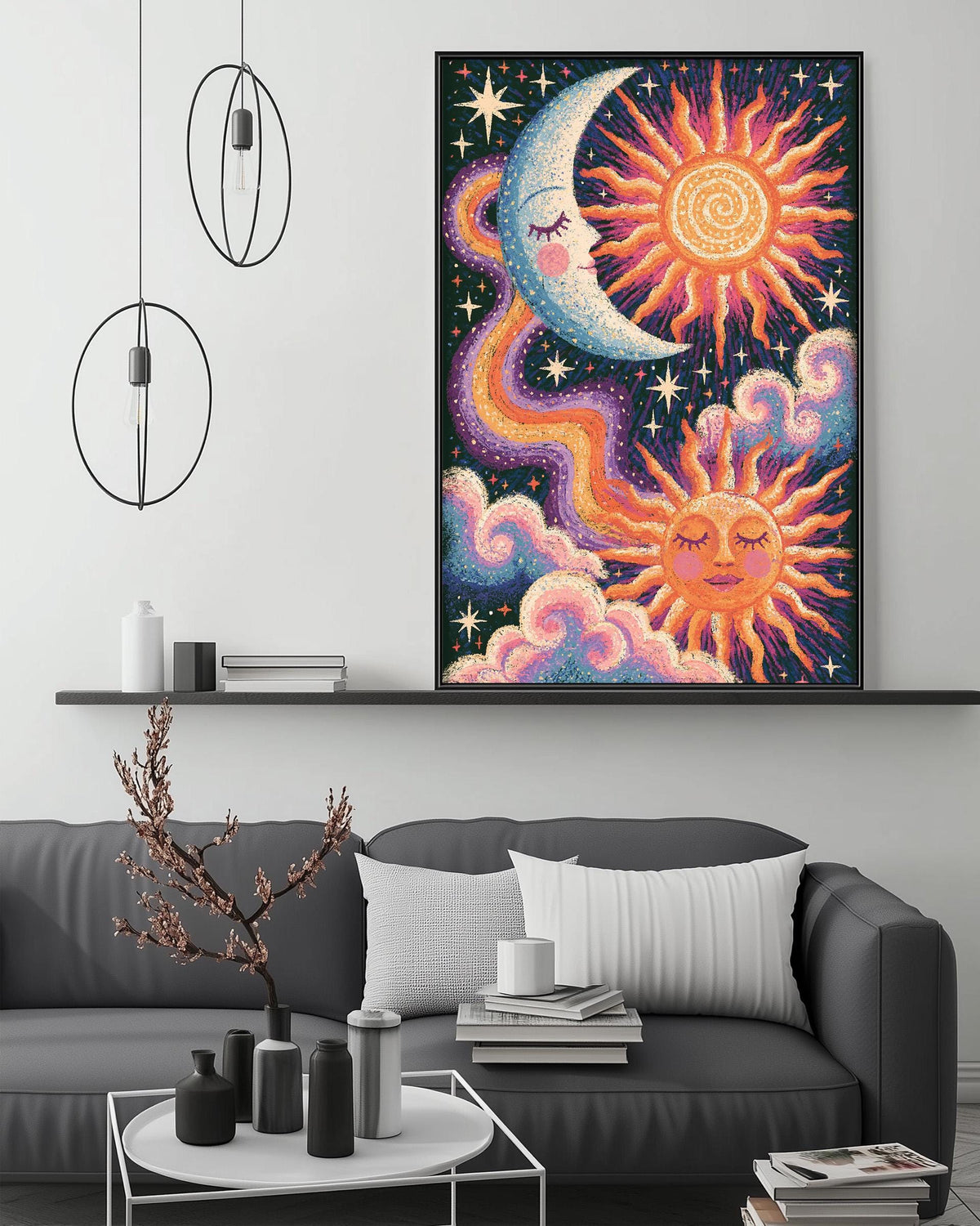 a large, colorful painting of a crescent moon, sun, and clouds hanging on a wall above a gray couch with white pillows. The painting is surrounded by various decorative items, including a potted plant, vases, and books, creating a cozy and artistic atmosphere in the living room.