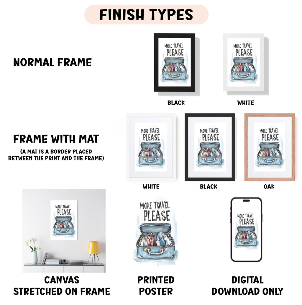 various types of artwork, including a framed poster, a canvas stretched on a frame, and a digital poster. The artwork features a suitcase and the phrase "More travel please" in different styles and colors.