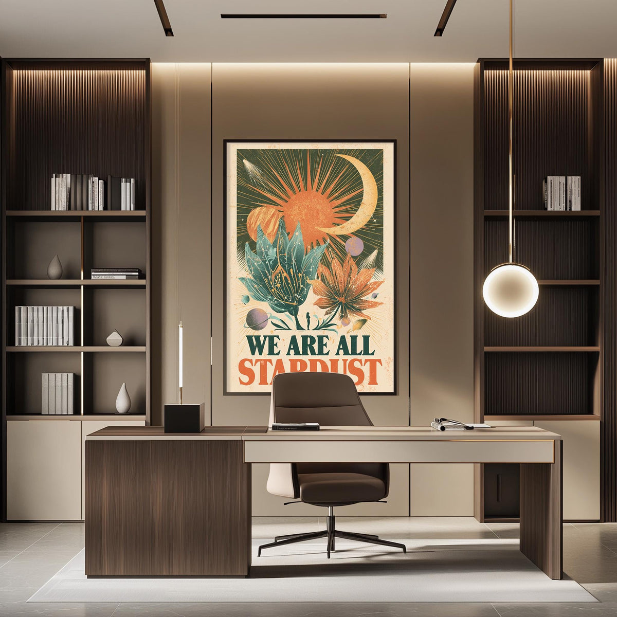 a modern office space with a large framed poster on the wall that reads "WE ARE ALL STARDUST". The office has a wooden desk, a chair, and a bookshelf filled with books. The overall design and decor create a professional and stylish atmosphere.