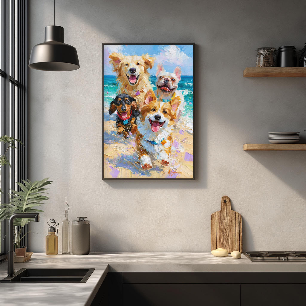 a framed painting of four dogs, including a golden retriever, a corgi, a poodle, and a dachshund, all smiling and enjoying themselves on a beach.